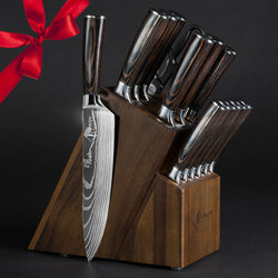 Imperial 16-Piece Japanese Knife Block Set with Damascus Pattern and Wooden Handles Gift Set