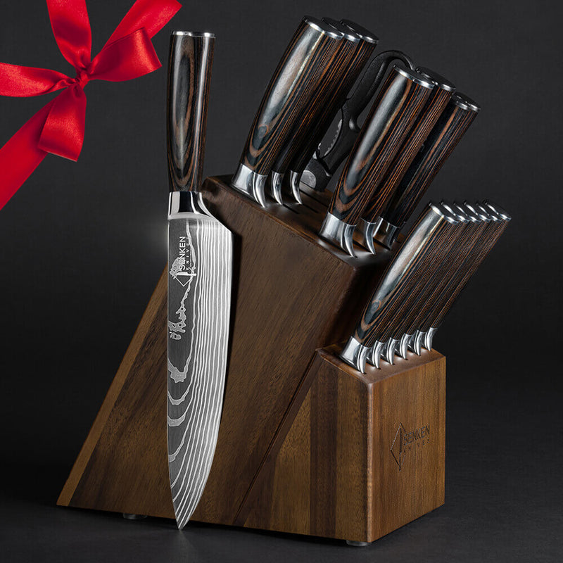 Imperial 16-Piece Japanese Knife Block Set with Damascus Pattern and Wooden Handles Gift Set