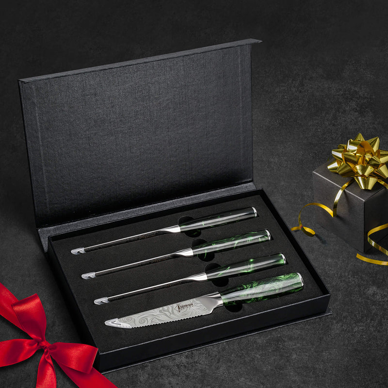 "Wasabi" Collection - Green Resin Engraved Japanese Kitchen Knife Set with Gift Box