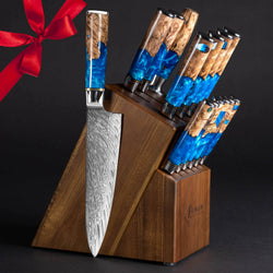 Tsunami Japanese Damascus Steel 15 Piece Knife Block Set Main Image Dark BG Gift Set