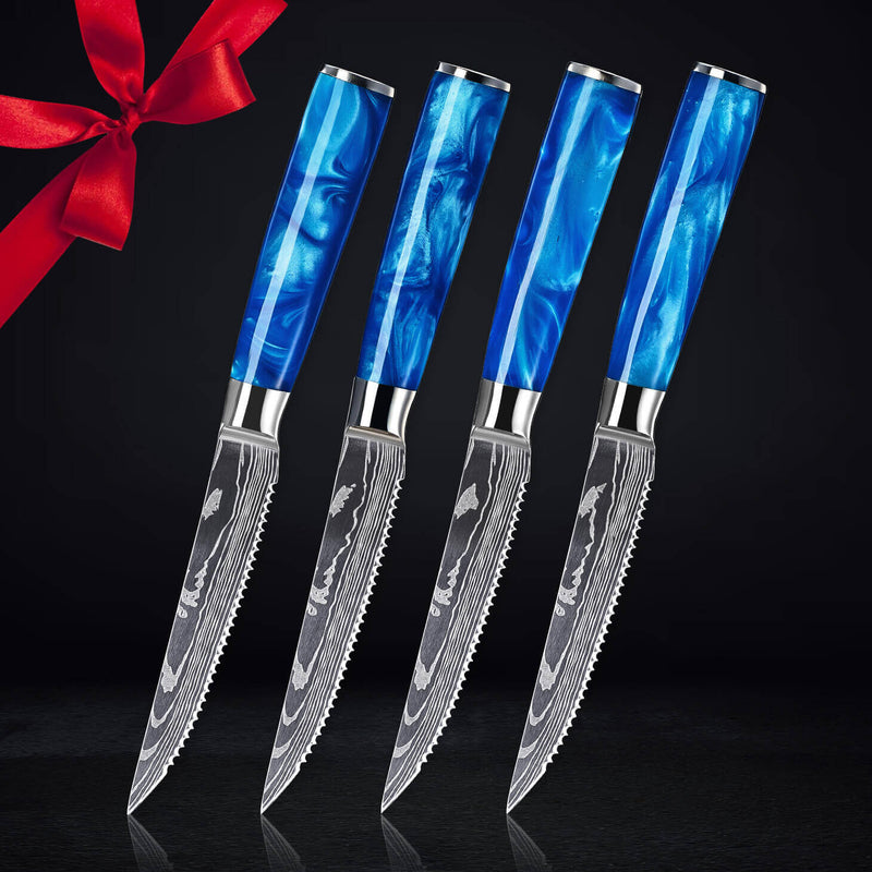 4 Piece Blue Handle Steak Knife Set Damascus Pattern Gifts and Sets