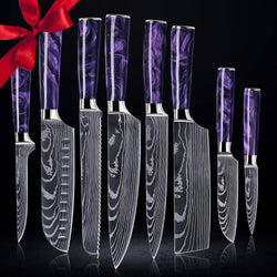 8-Piece Purple Resin Knife Set with Damascus Pattern Blade Senken Knives Gift Set