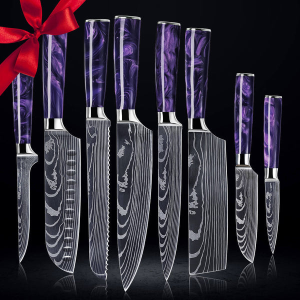 8-Piece Purple Resin Knife Set with Damascus Pattern Blade Senken Knives Gift Set