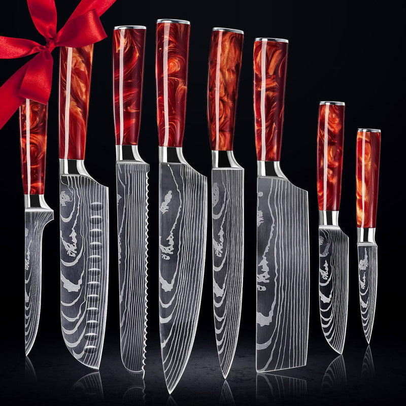 Red Resin Handle Knife Set 8-Piece Damascus Pattern Gift Set