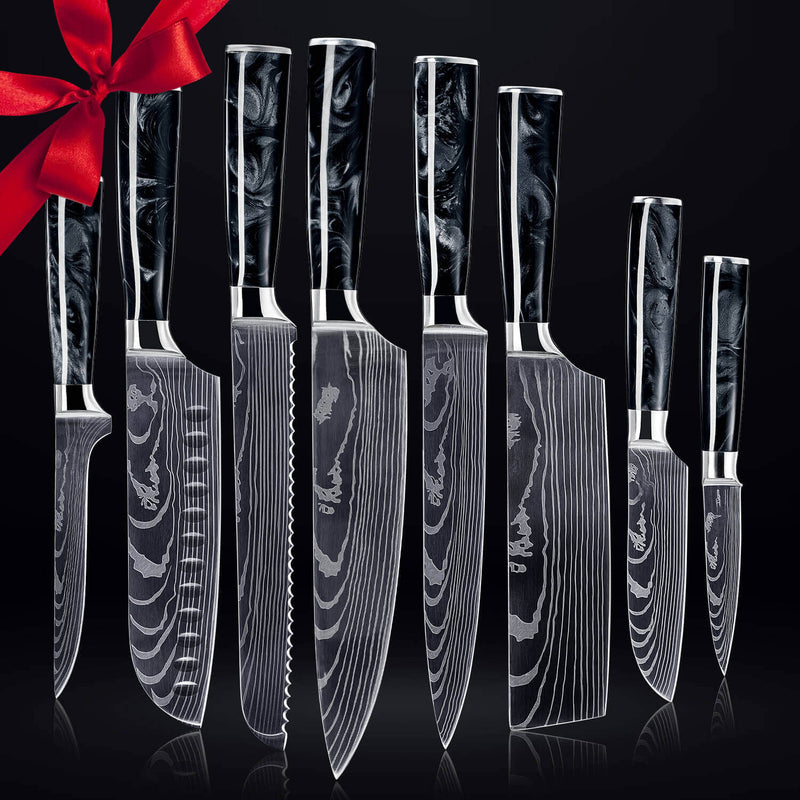 Black Resin Handle Knife Set 8-Piece Damascus Pattern Gift Set