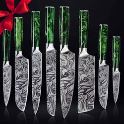 Green Resin Handle Knife Set Engraved Pattern Senken Knives Gifts and Sets