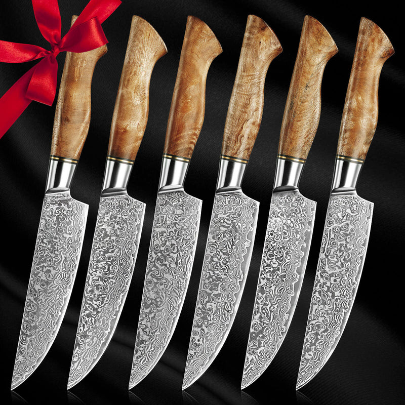 Dynasty 6-Piece Damascus Steak Knife Set with Light Brown Sycamore Wood Handles 67-Layer VG10 Japanese Steel Gift Set