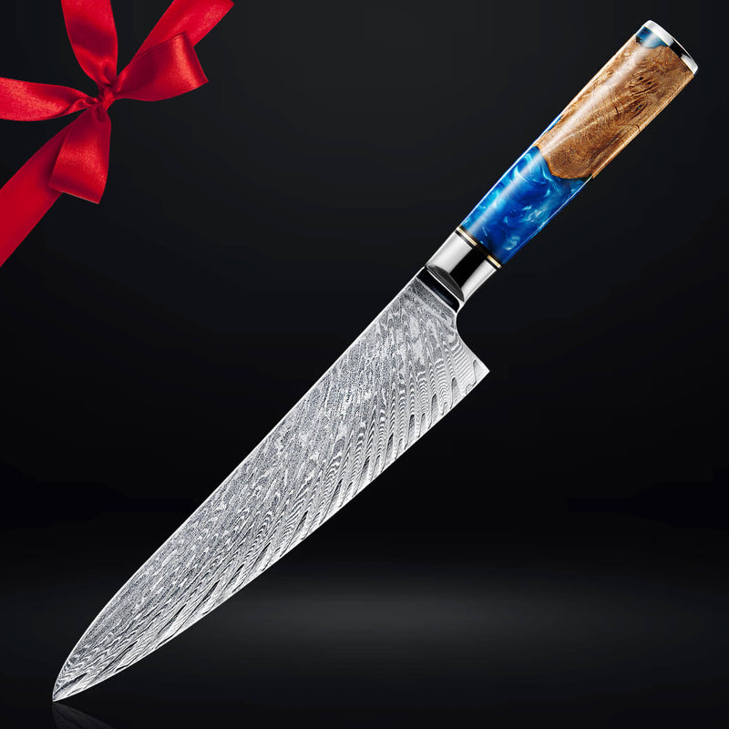 Blue Resin Handle Damascus 8" Chef's Knife Gift Set