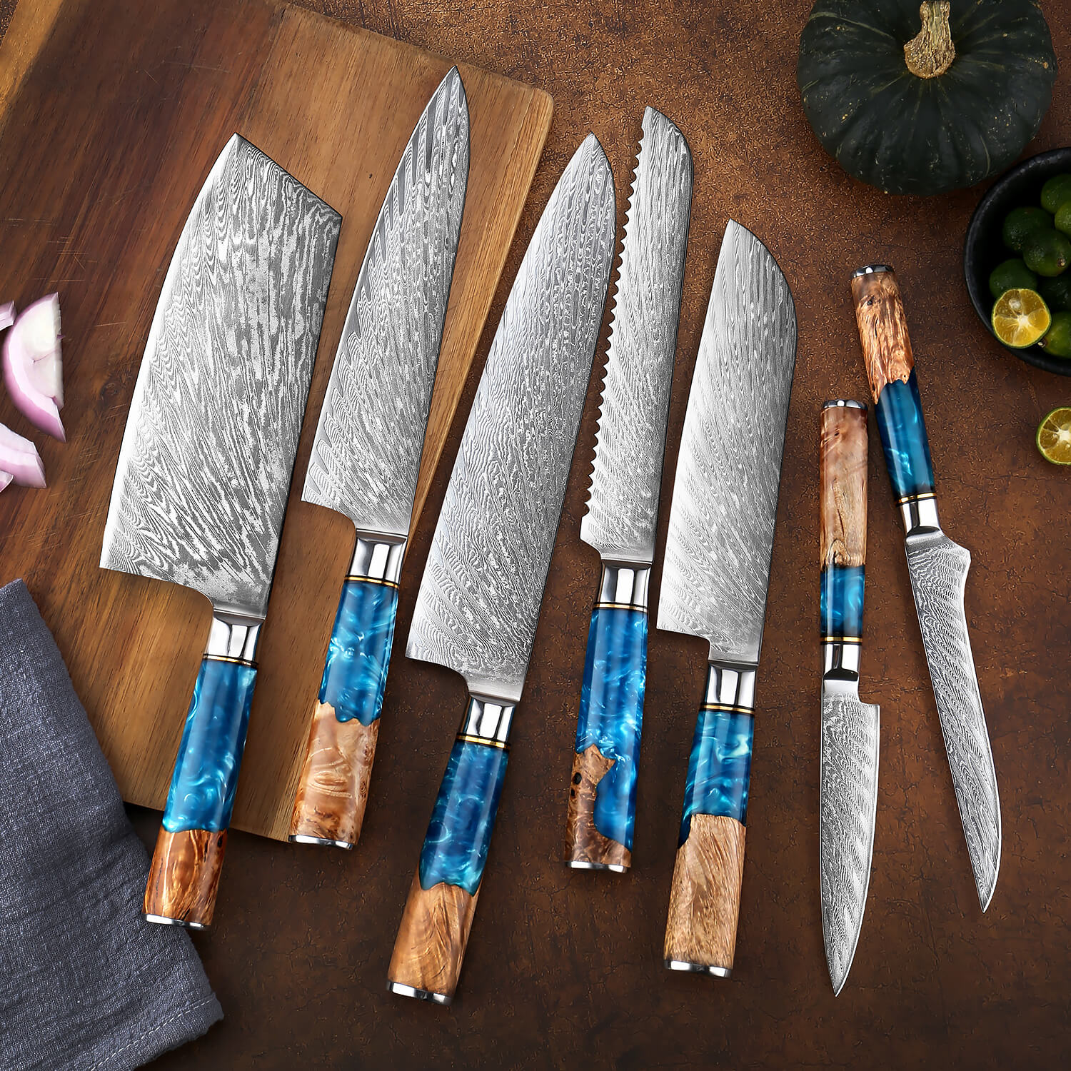 Tsunami 7-Piece Knife Set — Japanese Damascus Steel | Senken Knives