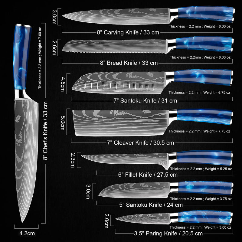 Blue Resin 8 Piece Knife Set Damascus Pattern Senken Knives Measurements