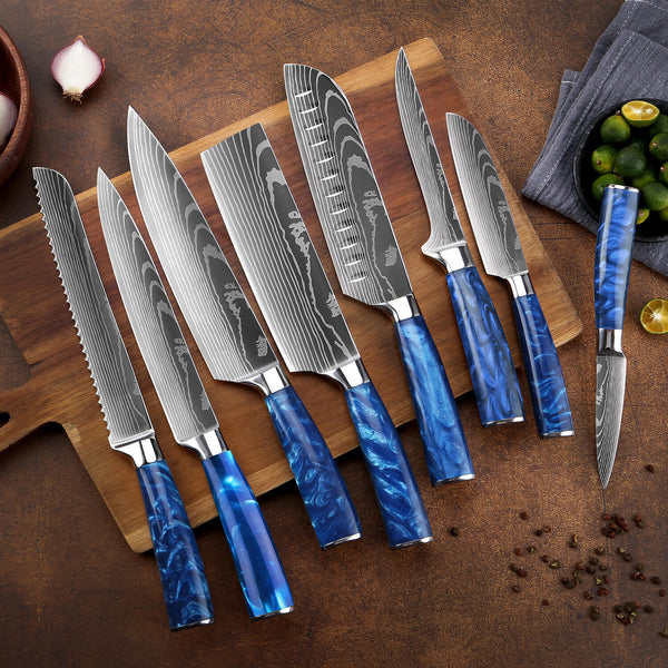 Senken Knives 8-Piece Blue Resin Damascus Pattern Set Kitchen Lifestyle Shot