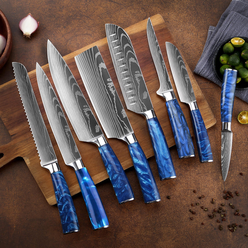 "Cerulean" Collection - Japanese Kitchen Knife Set with Blue Resin Handle & Damascus Blade Pattern