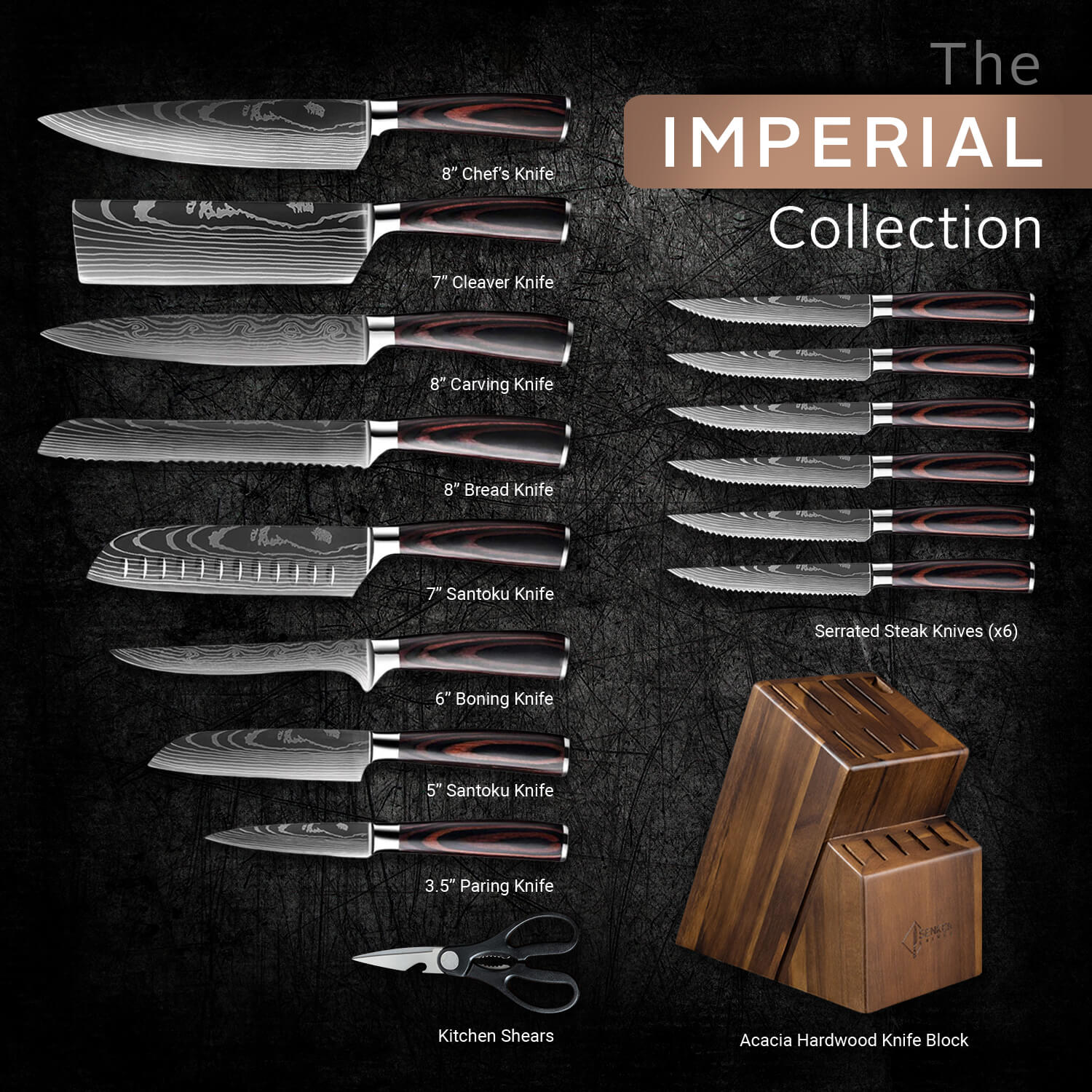 "Imperial" 16Piece Japanese Knife Block Set Senken Knives