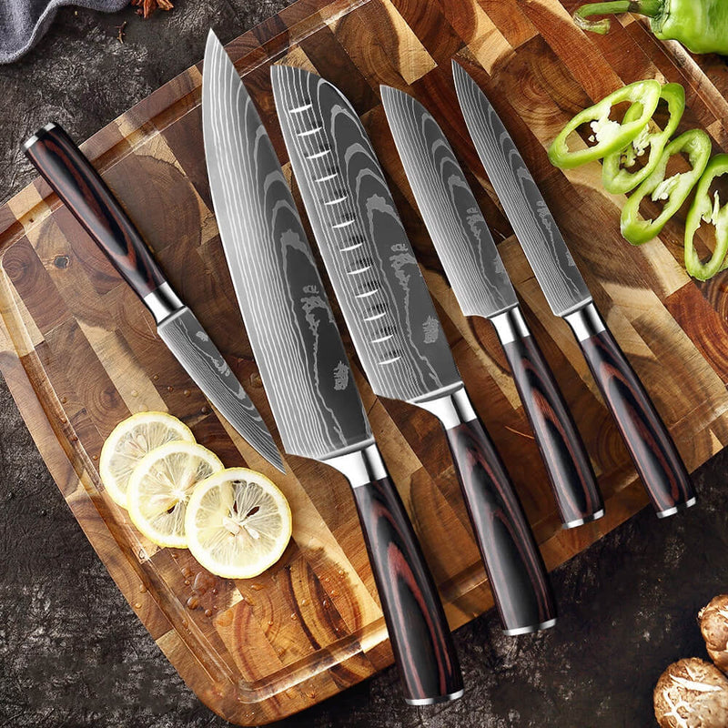 "Imperial" Collection - Premium Japanese Kitchen Knife Set Senken Knives 5 knives on cutting board