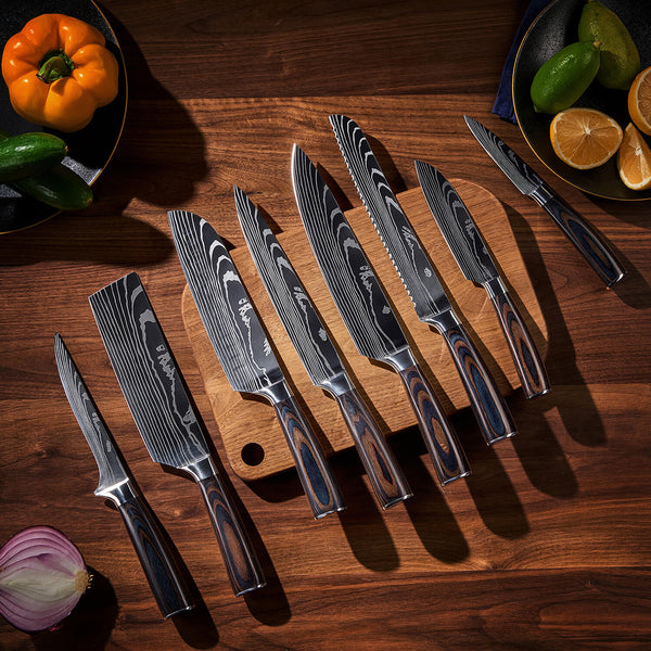 Senken Knives Imperial 8-Piece Kitchen Knife Set with Damascus Blade and Wood Handle Lifestyle Image