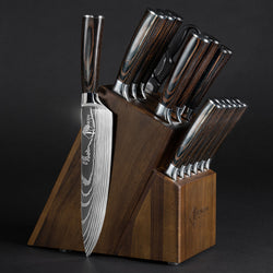 Imperial 16-Piece Japanese Knife Block Set with Damascus Pattern and Wooden Handles