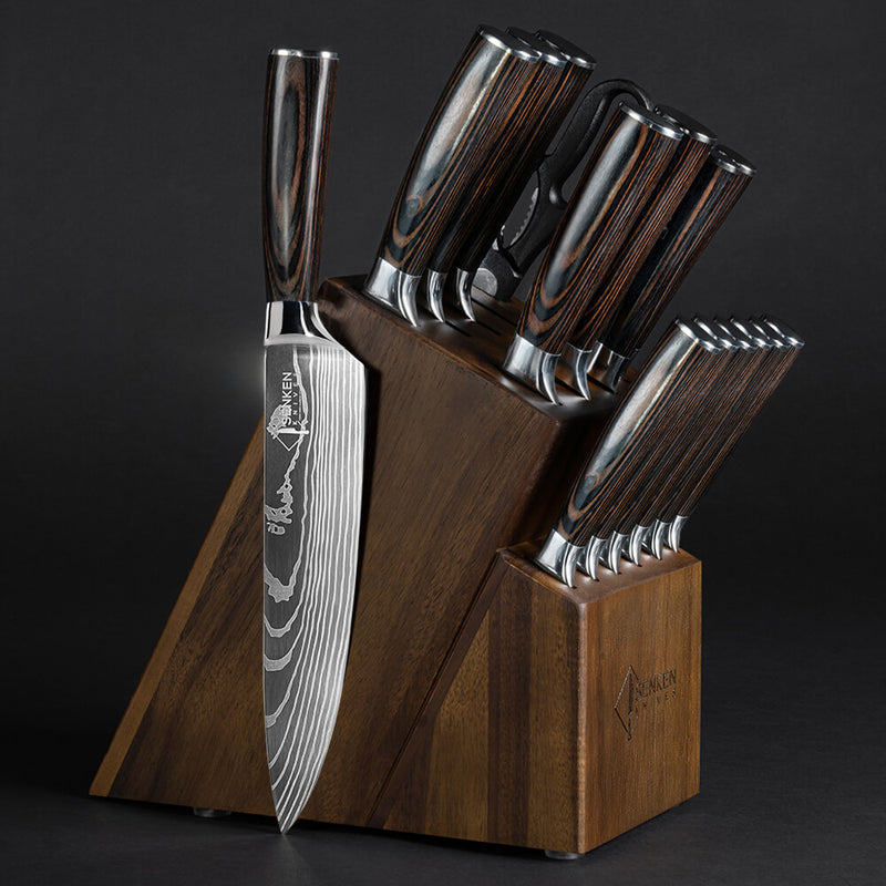 Imperial 16-Piece Japanese Knife Block Set with Damascus Pattern and Wooden Handles