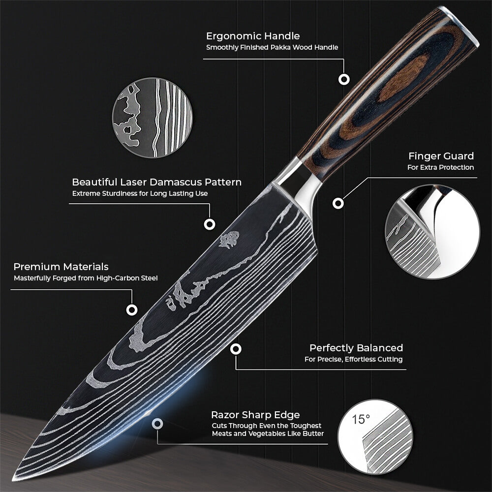 Detailed view of a Damascus knife with labeled features on a black background