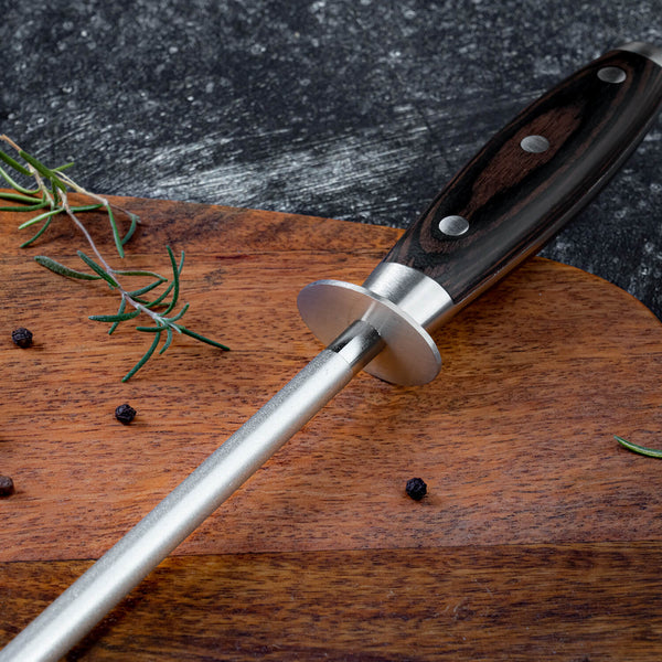 Imperial Professional Knife Sharpening Steel by Senken Knives Emery Rod Pakka Wood Handle Rod Closeup