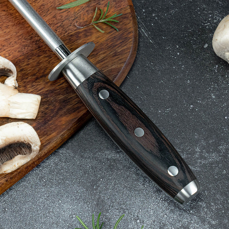 Imperial Professional Knife Sharpening Steel by Senken Knives Emery Rod Pakka Wood Handle Closeup