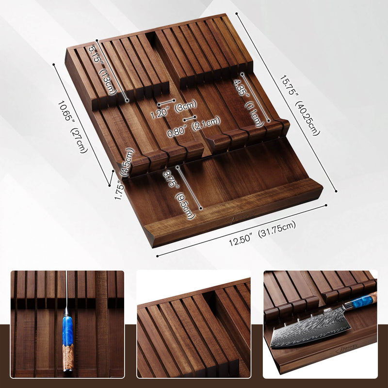 Kitchen Drawer Knife Block Extra Large Measurements Dark Brown Acacia Wood In-Drawer