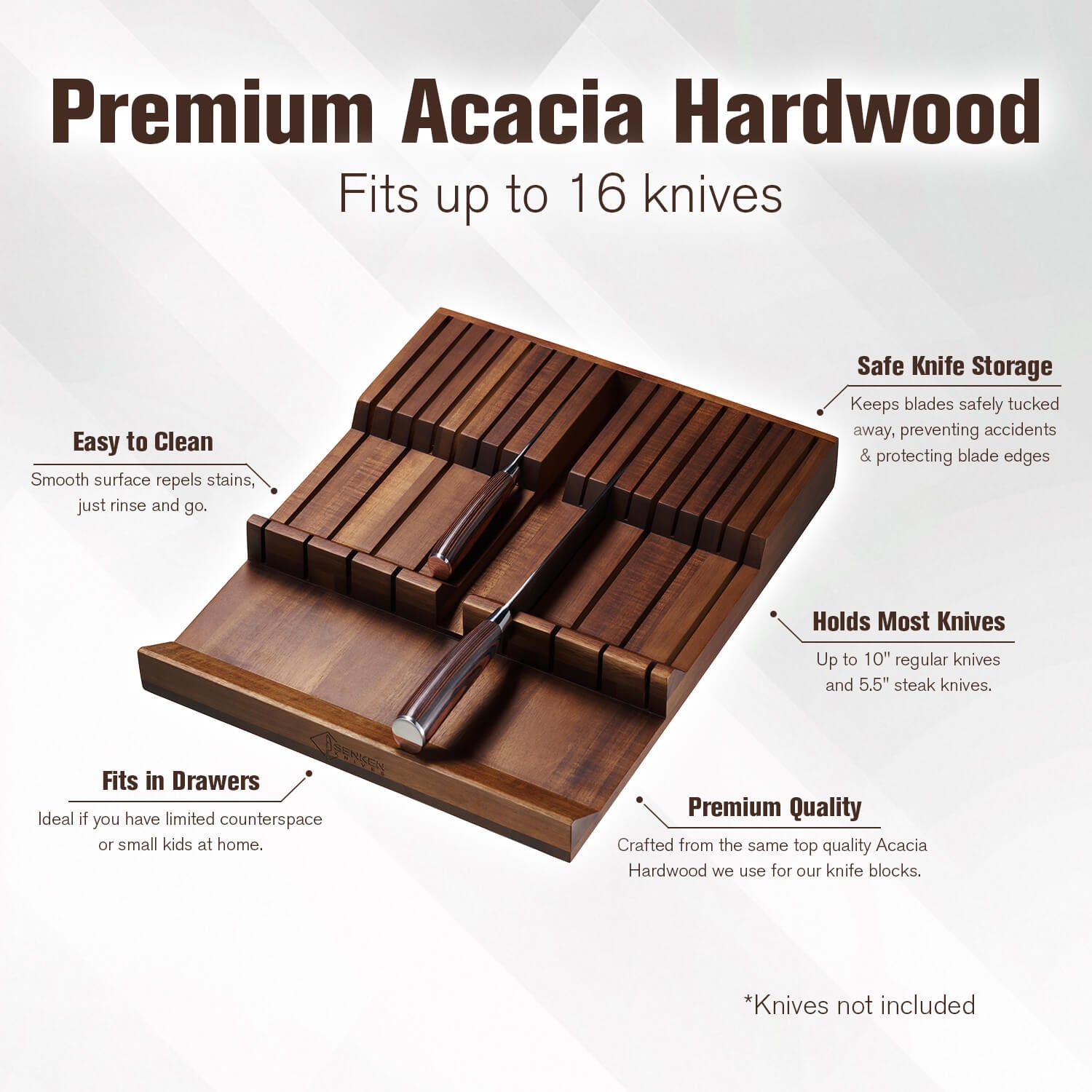 Premium Acacia Hardwood In-Drawer Knife Block that Fits up to 16 Knives