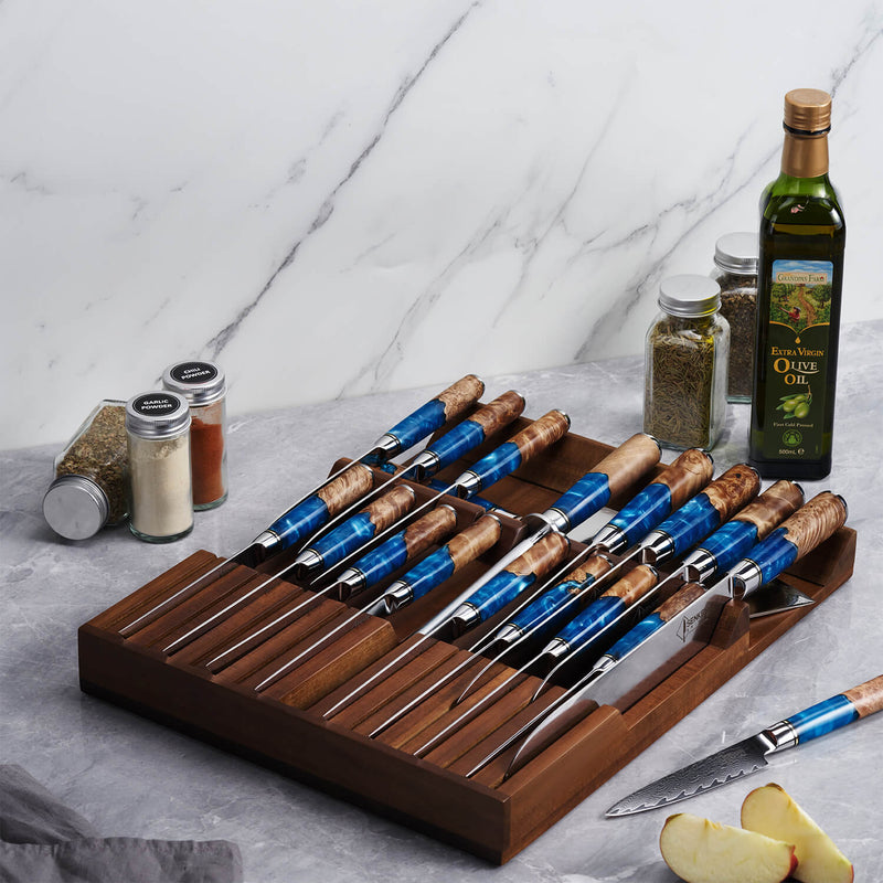 Senken In-Drawer Knife block with Tsunami Collection and Tsunami Steak Knives inside the block