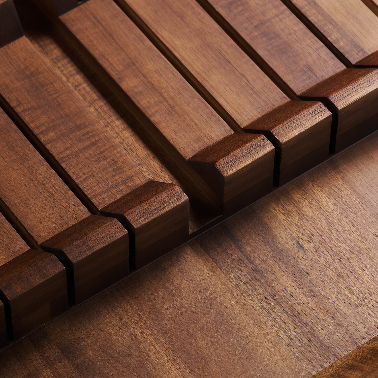Close up of Dark Brown Acacia Hardwood Senken Knife Block for Kitchen Drawer