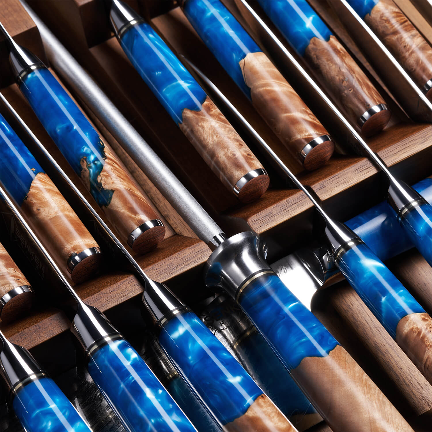 Close Up of Senken Tsnuami Collection inside of a drawer knife block