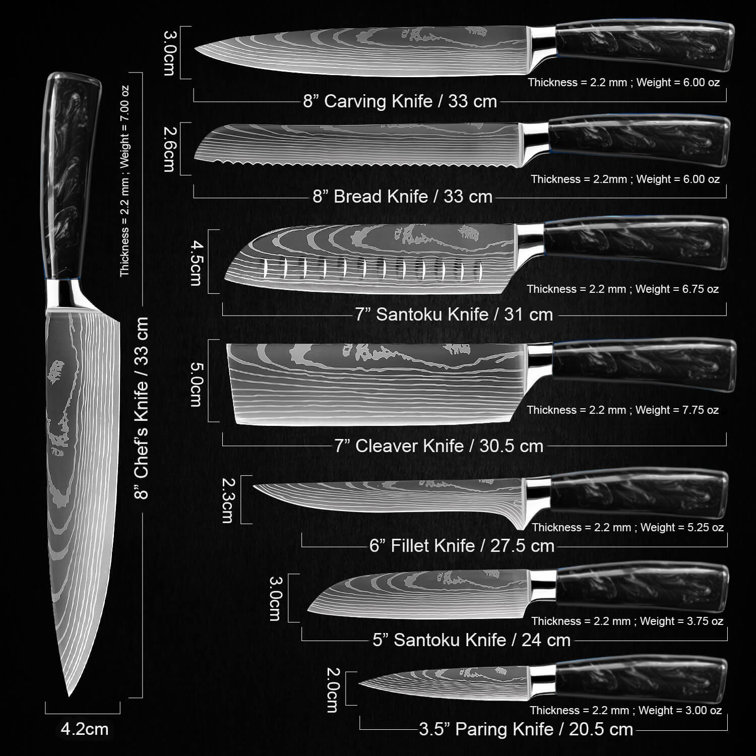"Onyx" Collection Premium Japanese Kitchen Knife Set with Black Resi
