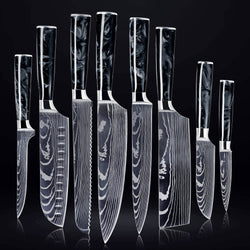 Onyx Black Resin 8-Piece Kitchen Knife Set Damascus Pattern Senken Knives Dark BG