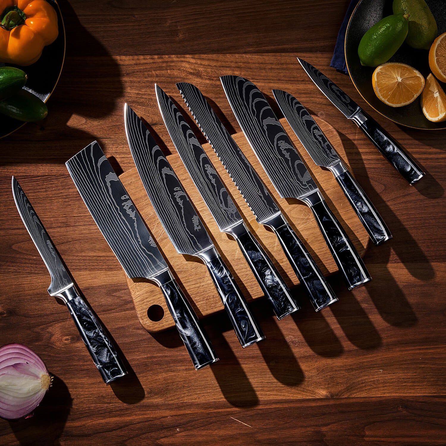 Onyx Black Resin 8-Piece Kitchen Knife Set Damascus Pattern Senken Knives Lifestyle