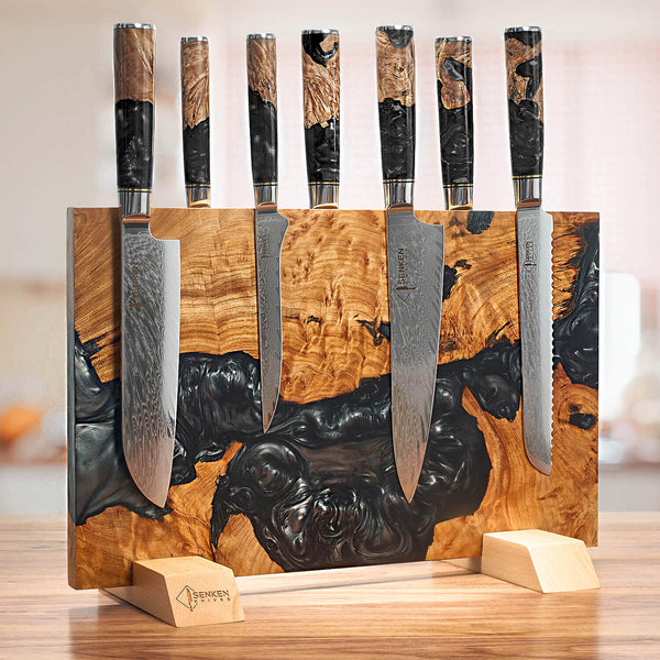 Epoxy Black Resin Magnetic Knife Block Acacia Wood Senken Knives