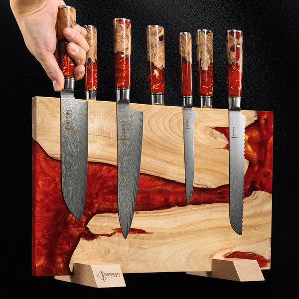 Red Tsunami Magnetic Knife Block Red Resin Wood Blend Magnetic Knife Holder Senken Knives Main Image 1 Dark