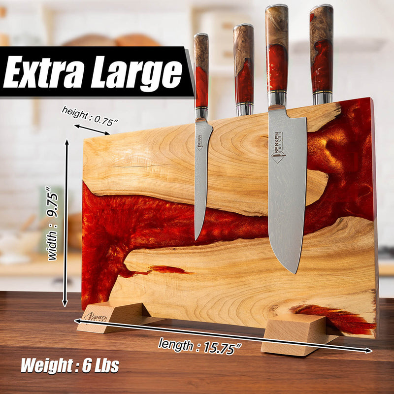 "Red Tsunami" Extra Large Magnetic Knife Block - Holds Up to 16 Knives - Red Resin & Natural Wood Blend