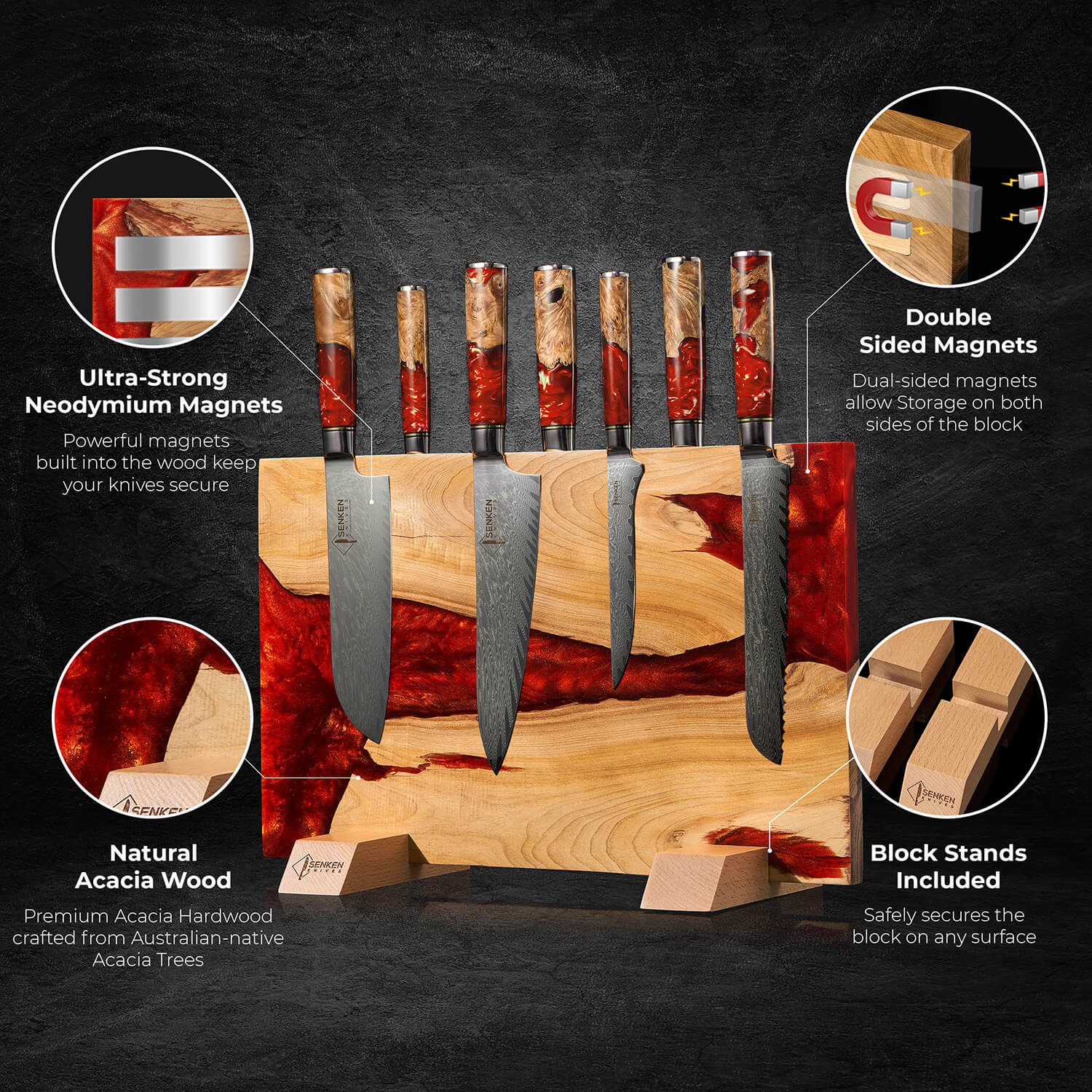 Red Tsunami — Extra Large Magnetic Knife Block, Red Resin Burl Wood