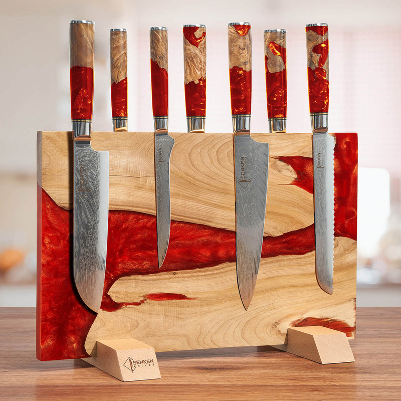 "Red Tsunami" Extra Large Magnetic Knife Block - Holds Up to 16 Knives - Red Resin & Natural Wood Blend