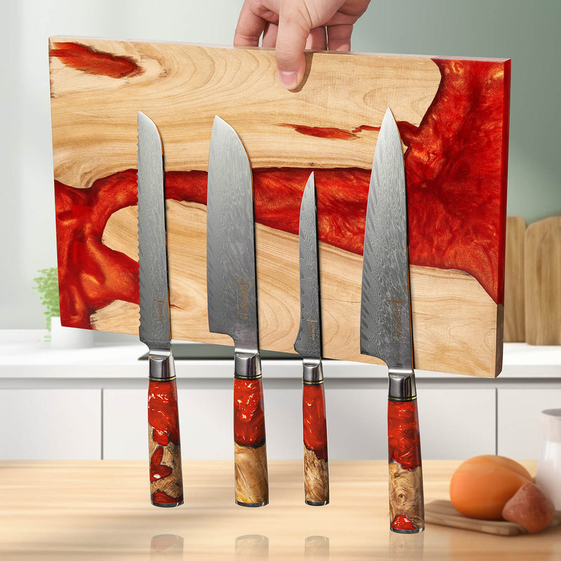 "Red Tsunami" Extra Large Magnetic Knife Block - Holds Up to 16 Knives - Red Resin & Natural Wood Blend