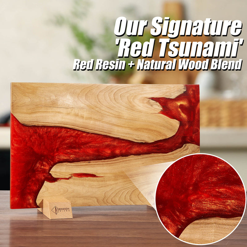 "Red Tsunami" Extra Large Magnetic Knife Block - Holds Up to 16 Knives - Red Resin & Natural Wood Blend