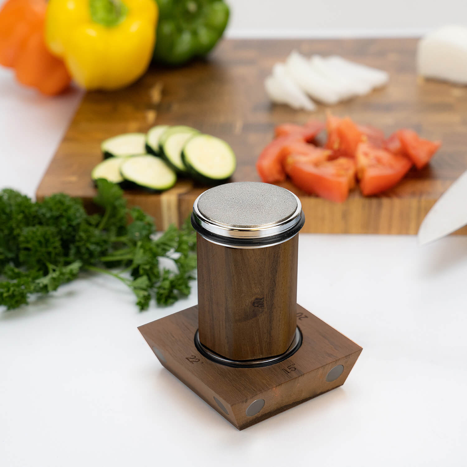 Rolling Knife Sharpener with Magnetic Base 4 Angles 15 18 20 22 Degrees Dark Wood Lifestyle Kitchen 2