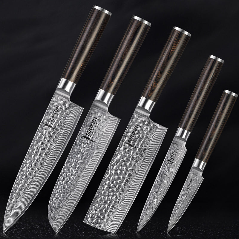 5-Piece Ronin Damascus Knife Set Hammered Japanese tsuchime Pakka Wood Handles Dark BG