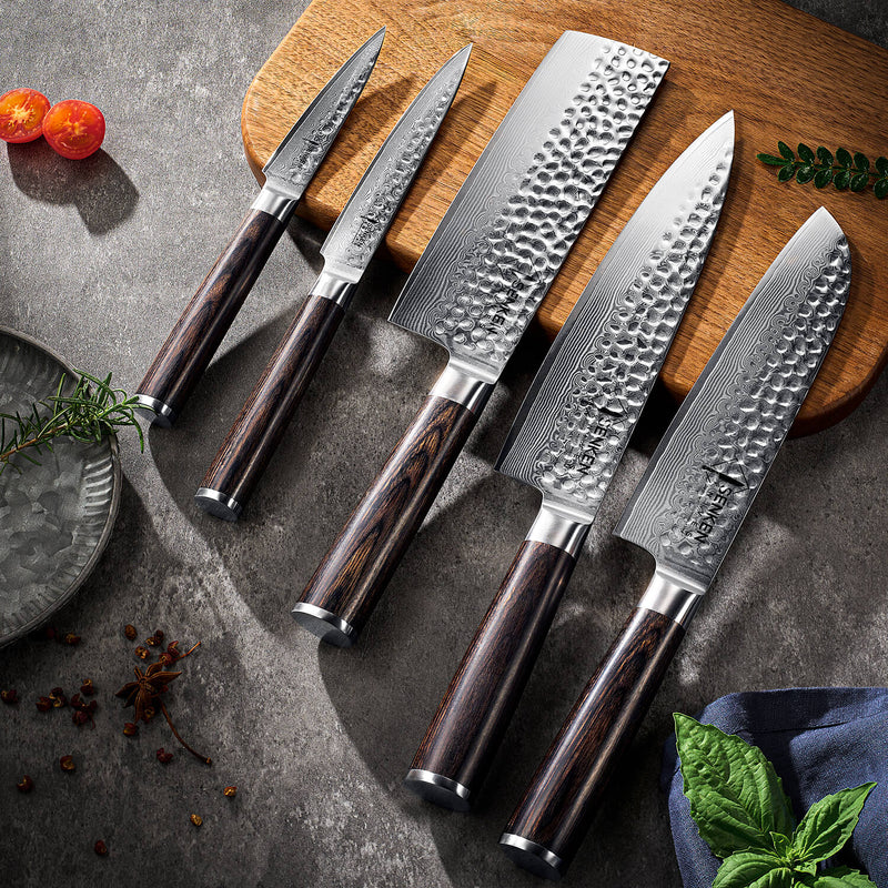 5-Piece Ronin Damascus Knife Set Hammered Japanese tsuchime Pakka Wood Handles Kitchen Lifestyle