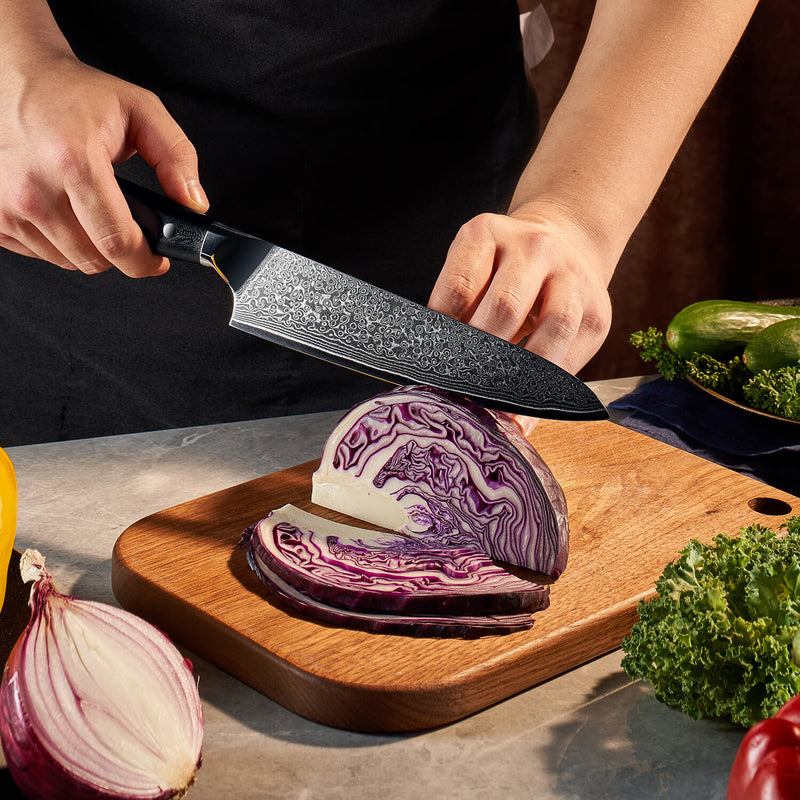 Shogun Damascus Steel Chef Knife Cutting Vegetables Senken Knives