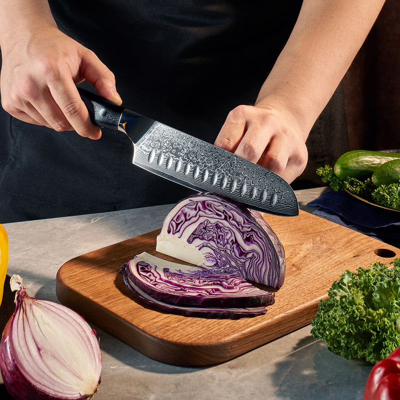 Shogun Damascus Steel Santoku Knife Cutting Vegetables Senken Knives