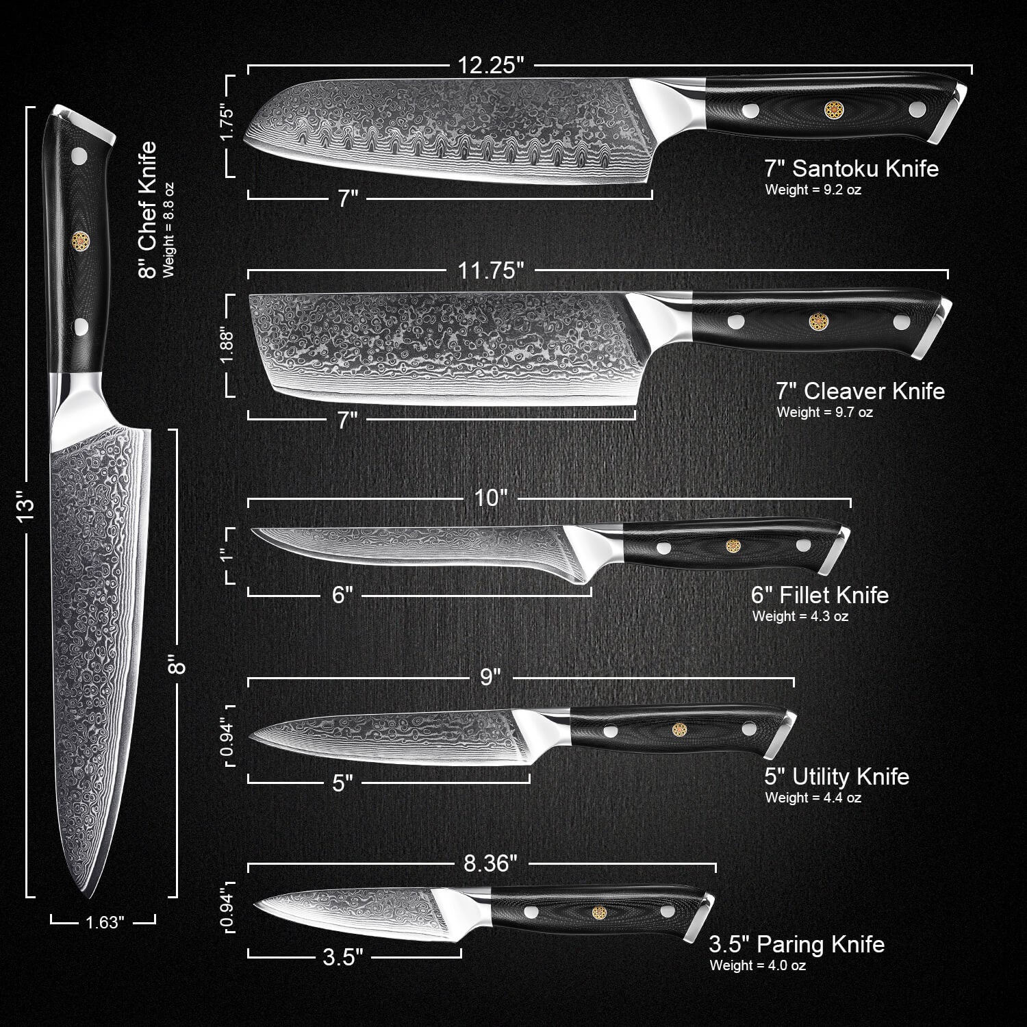 Shogun 6-Piece Knife Set — Japanese Damascus Steel | Senken Knives