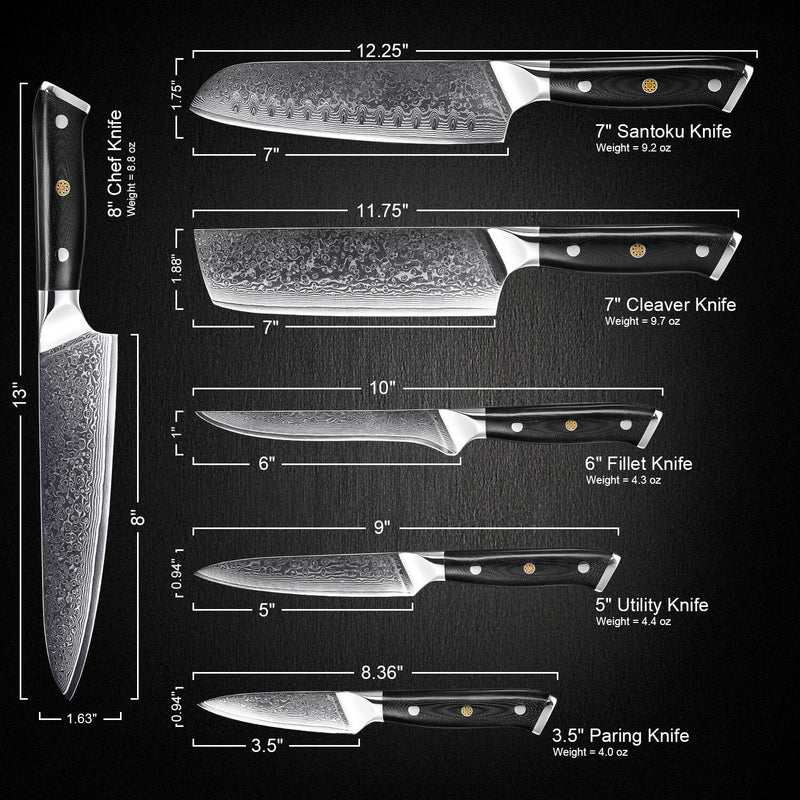 Senken Knives Shogun Damascus Steel Japanese VG10 Knife Set Dimensions