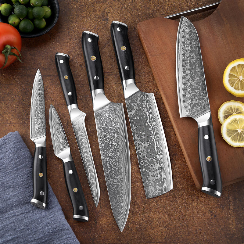 Damascus Kitchen Knife Set Black Handles Shogun Set Senken Knives Lifestyle