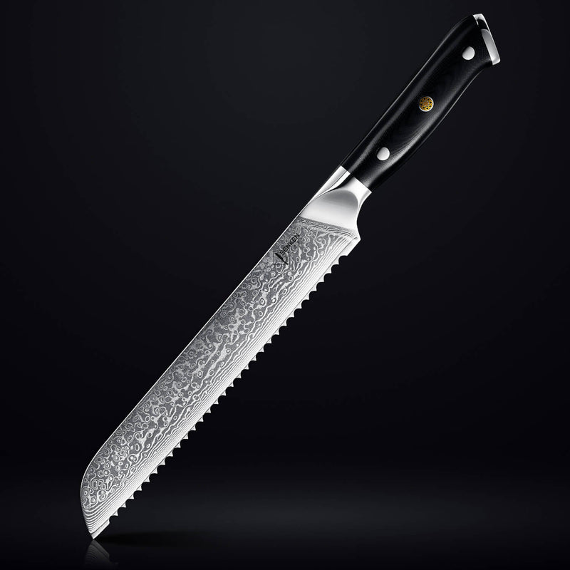 Shogun Damascus Steel Bread Knife Black G10 Military Grade Fiber Handle Dark Background