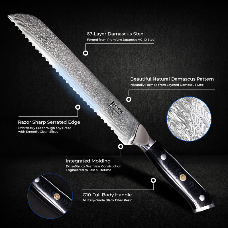 Shogun Damascus Steel Bread Knife Black G10 Military Grade Fiber Handle Infographic Info Measurements Specs