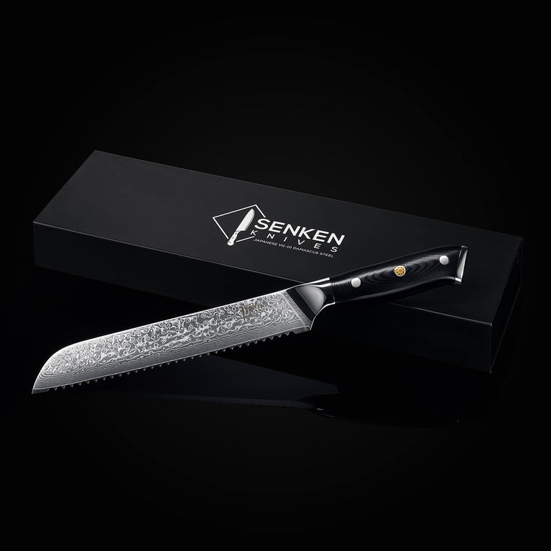 Shogun Damascus Steel Bread Knife Black G10 Military Grade Fiber Handle Luxury Gift Box